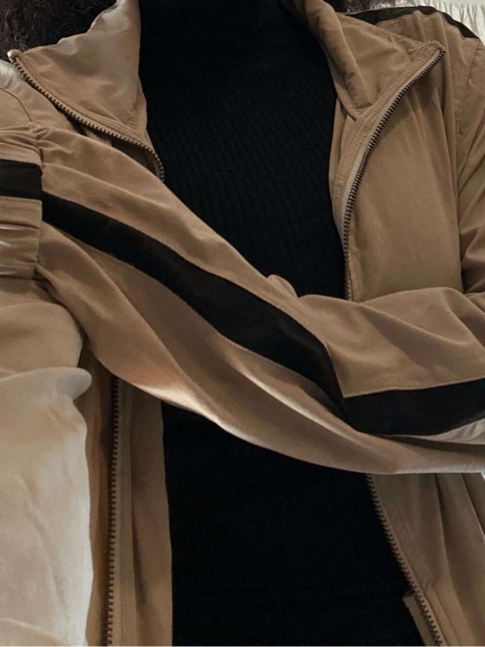 Oak + Fort Lightweight Track Jacket - Beige with Black Stripes, Full Zip, XS/S